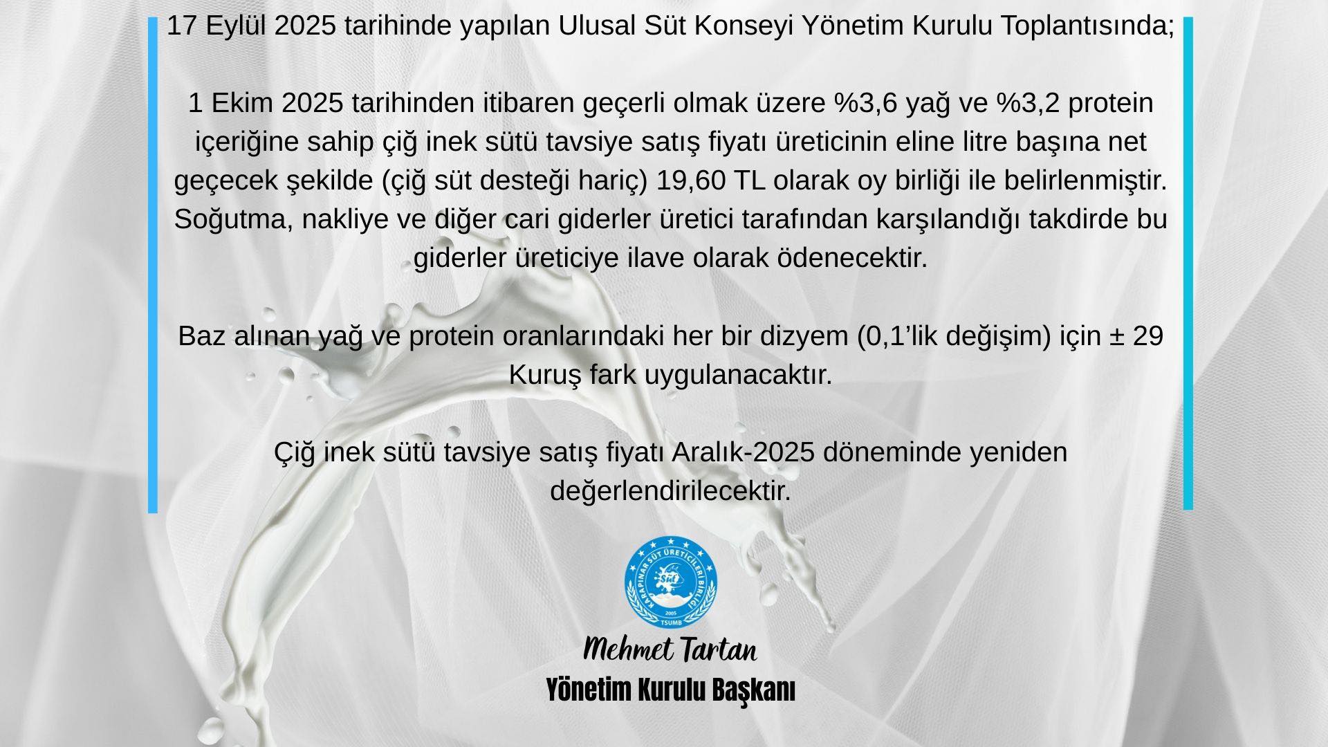 USK TOPLANTISI ÇİĞ SÜT FİYAT AÇIKLAMASI