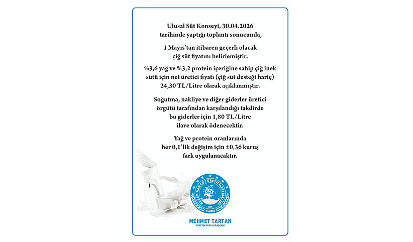 Ulusal Süt Konseyi 30.04.2026 tarihinde yaptığı toplantı sonucunda 1 Mayıs tan itibaren  geçerli olan çiğ süt fiyatını belirlemiştir.