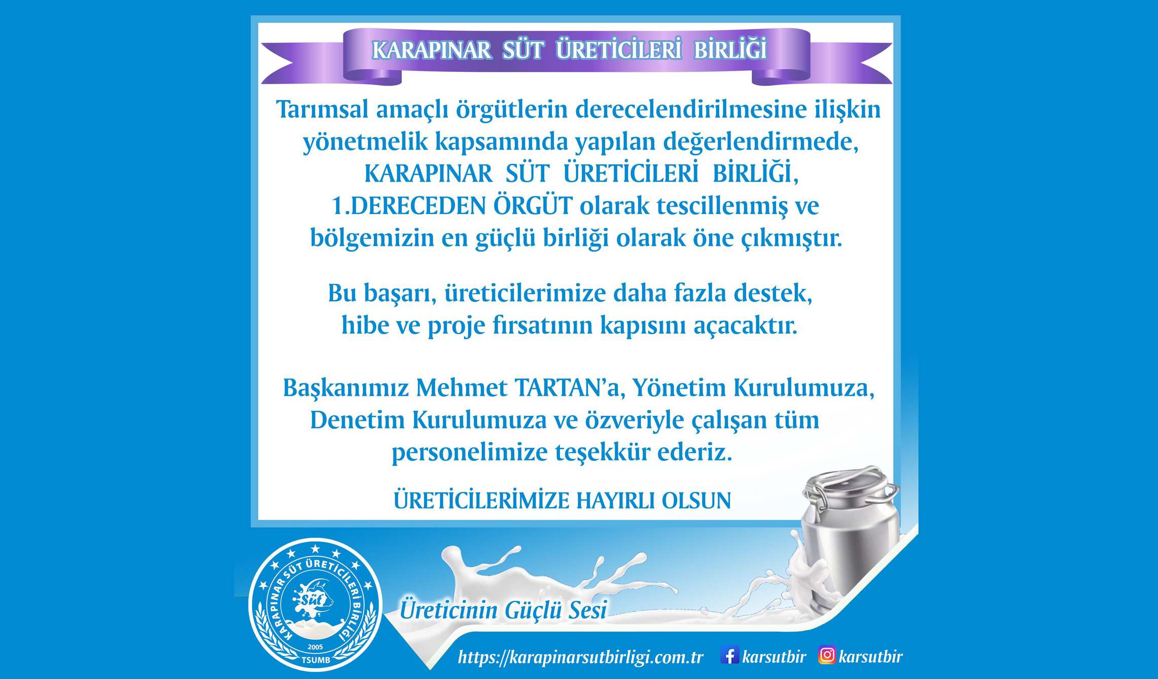 Karapınar Süt Üreticileri Birliğinin 1.dereceden örgüt olarak tescillenmesi